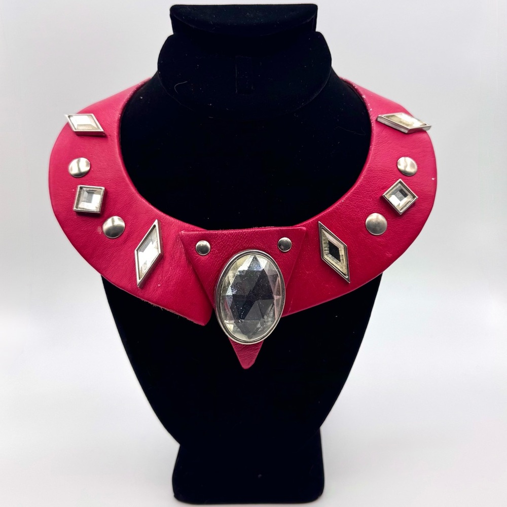Vintage Red Leather Statement Necklace with Faceted Acrylic & Silver Accents 16”